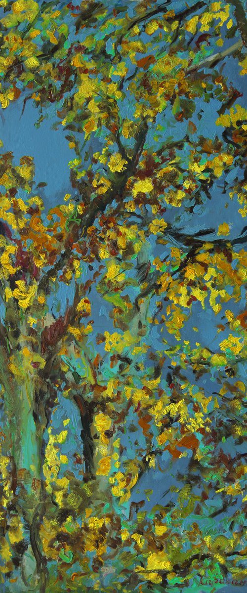 AUTUMN RHAPSODY. RELICT FOREST IN SAMUR - XXL large original painting, oil on canvas,  plants trees, blue yellow, ecology, love, landscape, impressionism,  interior art by Karakhan