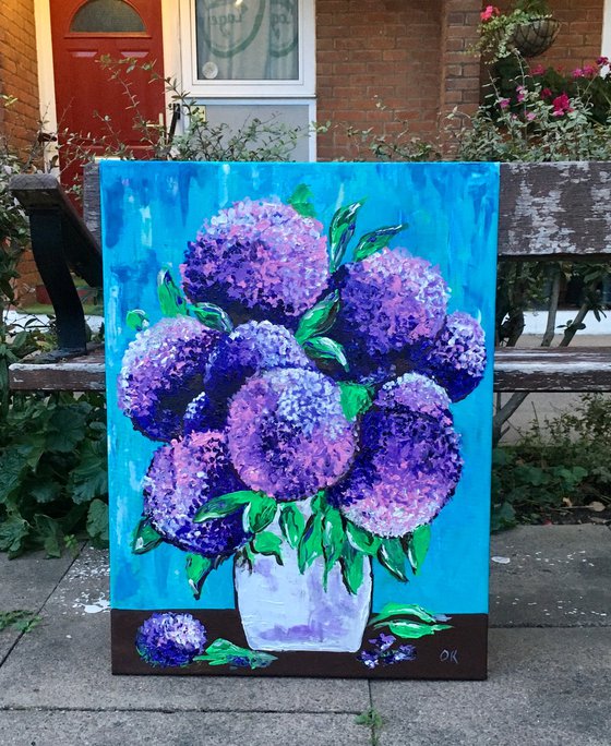 BOUQUET OF Purple and Pink  hydrangea on turquoise in a white vase palette  knife Original Acrylic painting office home decor gift