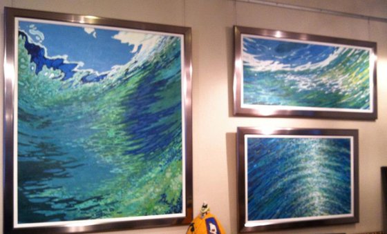 Under A Clear Sky, Splice of an Ocean Wave HUGE Painting Lined & Framed 40 x 47"