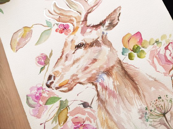 Romantic Deer Art. Watercolor original painting