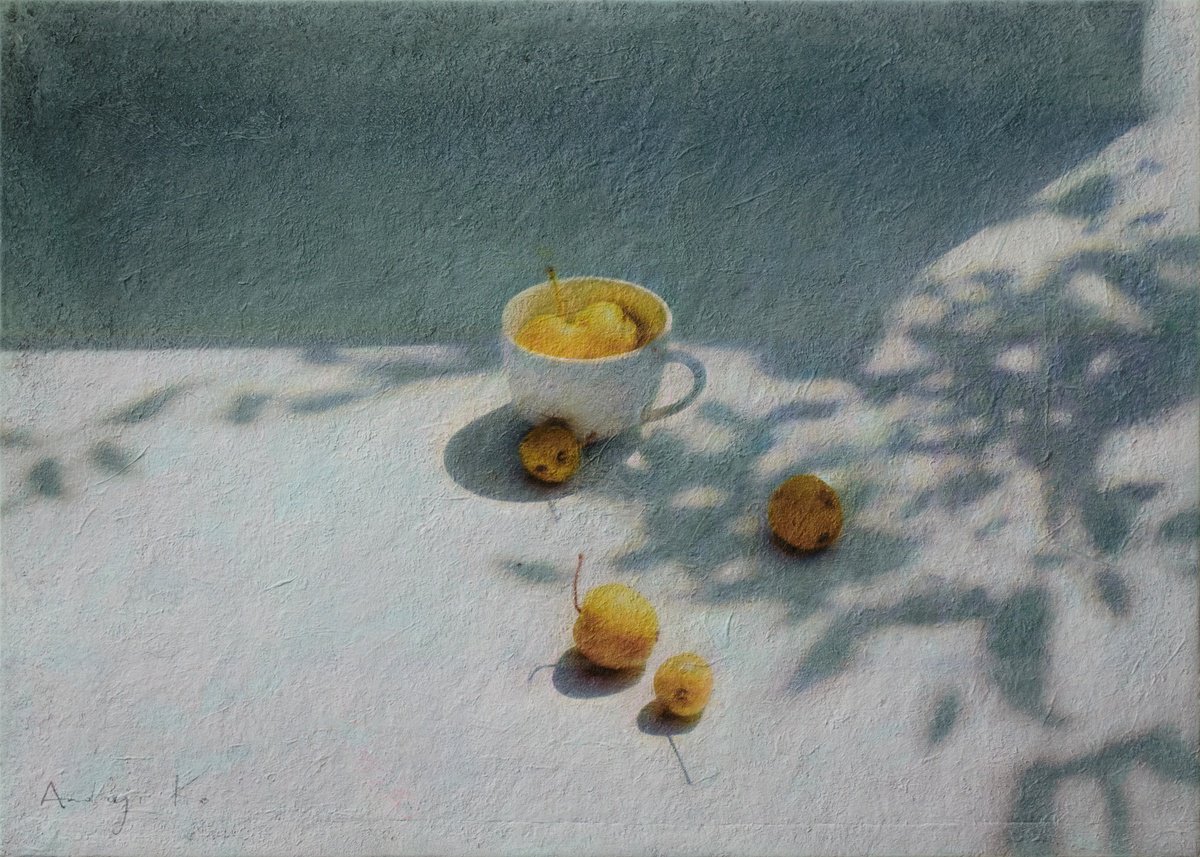 Photorealistic Still Life Acrylic Painting By Andrejs Ko, 28 X 20, Apples In The Noonday Glare, Original Artwork