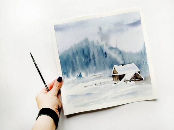 Winter farmhouse painting.