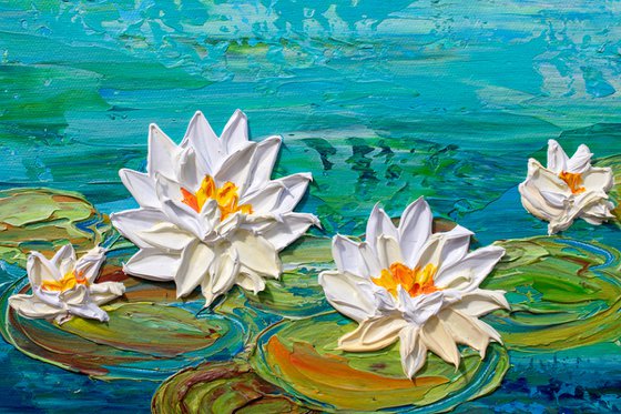 Water Lily Lake - Impasto Floral Art, Palette Knife Painting