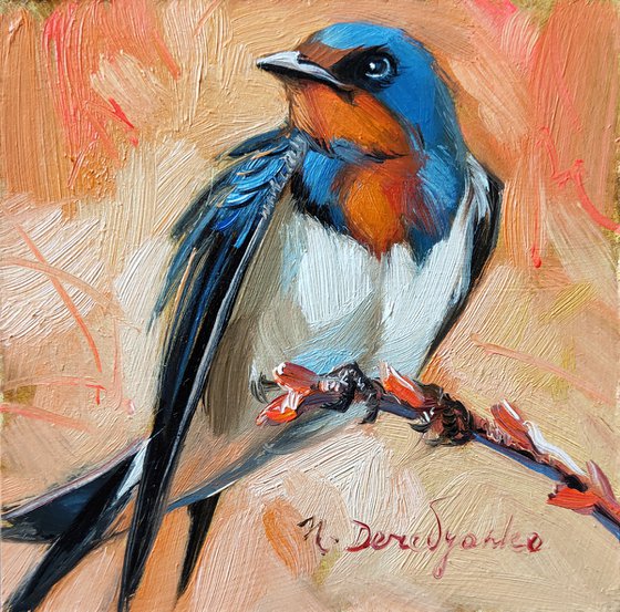 Swallow painting oil in blue frame, Bird on branch portrait, Oil Painting original 4x4, Framed picture shelf decor, Mothers day gift