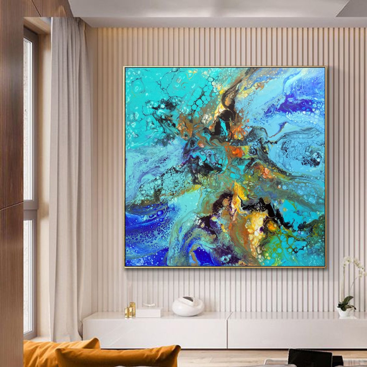 Abstract Acrylic Painting By Areti Ampi, 39 X 39, Blue Lagoon, Original Artwork