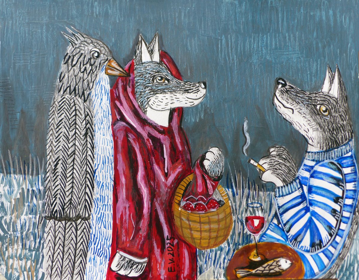 Surrealistic Animal Painting By Elizabeth Vlasova, 14 X 11, A Chance Encounter, Original Artwork