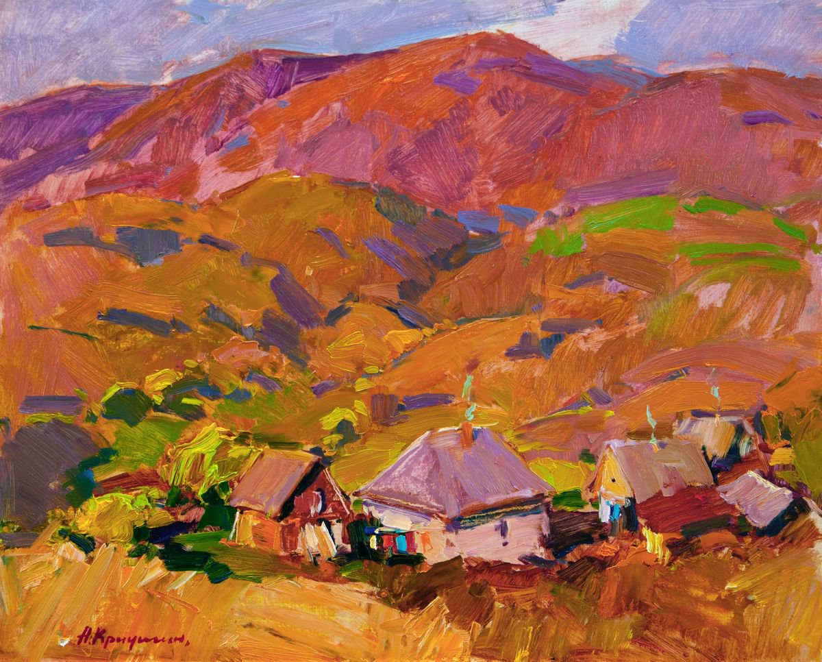 Impressionistic Landscape Oil Painting By Aleksandr Kryushyn, 20 X 16, Mountain Village. October, Original Artwork
