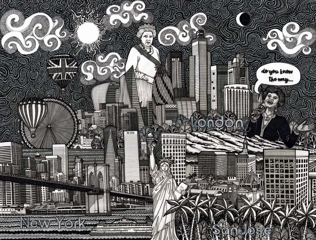 Graphic Cityscapes Ink Drawing By Terri Smith, 39 X 35", Tale Of Three Cities, Original Artwork