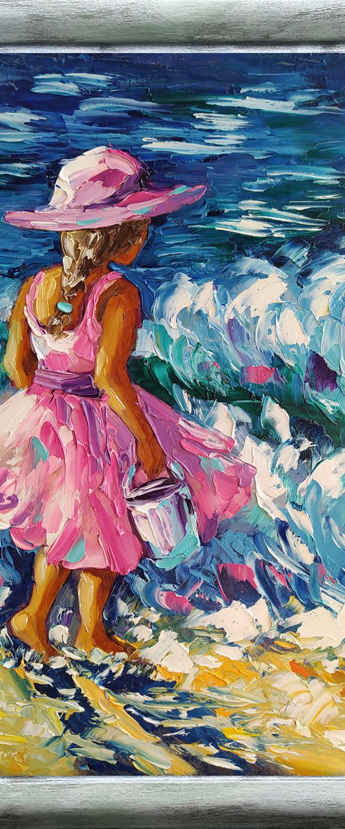To meet the sun - oil painting, child, sea, sea and beach, childhood, sea and sky, girl, holiday, seascape, children by Anastasia Kozorez