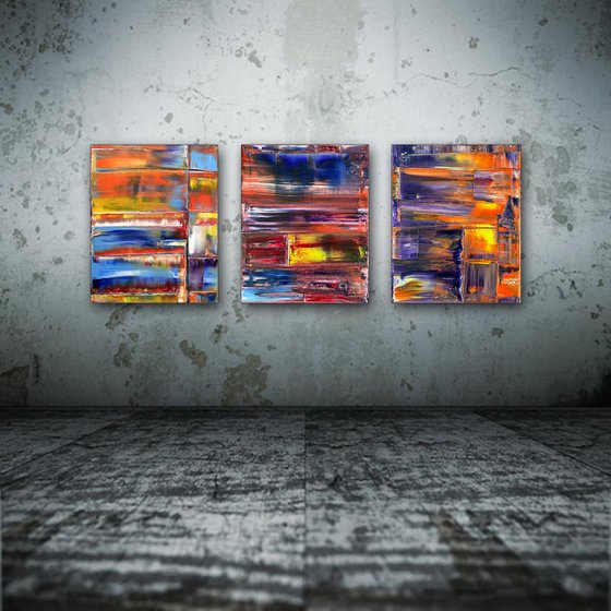 "Intermediary" - FREE USA SHIPPING - Original PMS Abstract Triptych Oil Paintings On Canvas - 48" x 20"