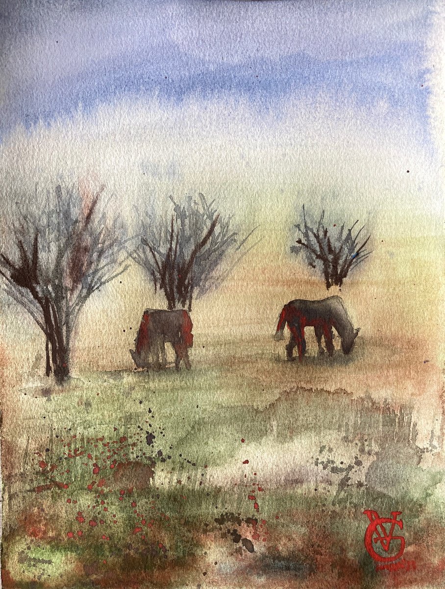 Impressionistic Landscape Watercolour By Valeria Golovenkina, 9 X 12", Early Spring Steppe. Horses, Original Artwork