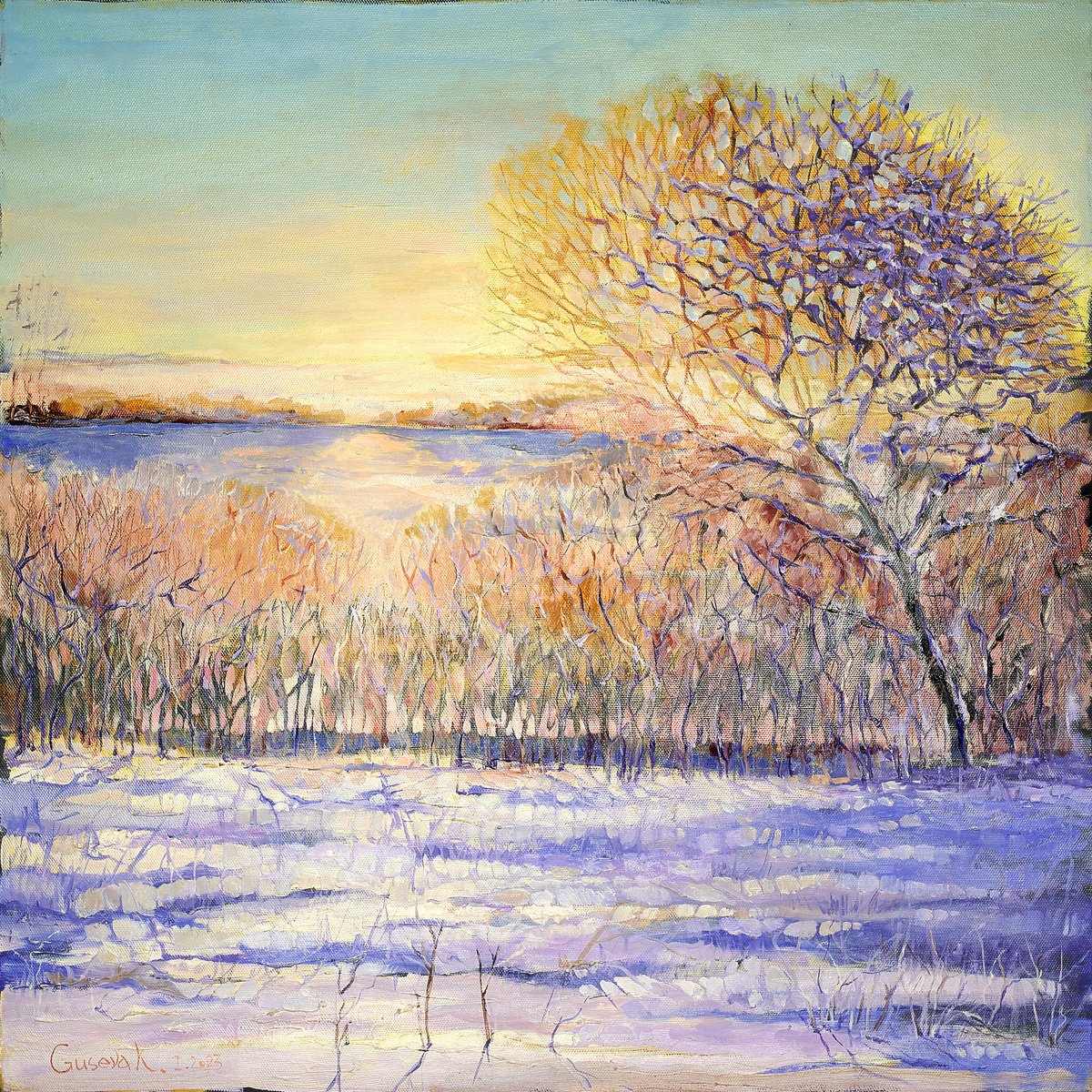 Impressionistic Landscape Oil Painting By Kateryna Guseva, 35 X 35", Winter Sun, Original Artwork