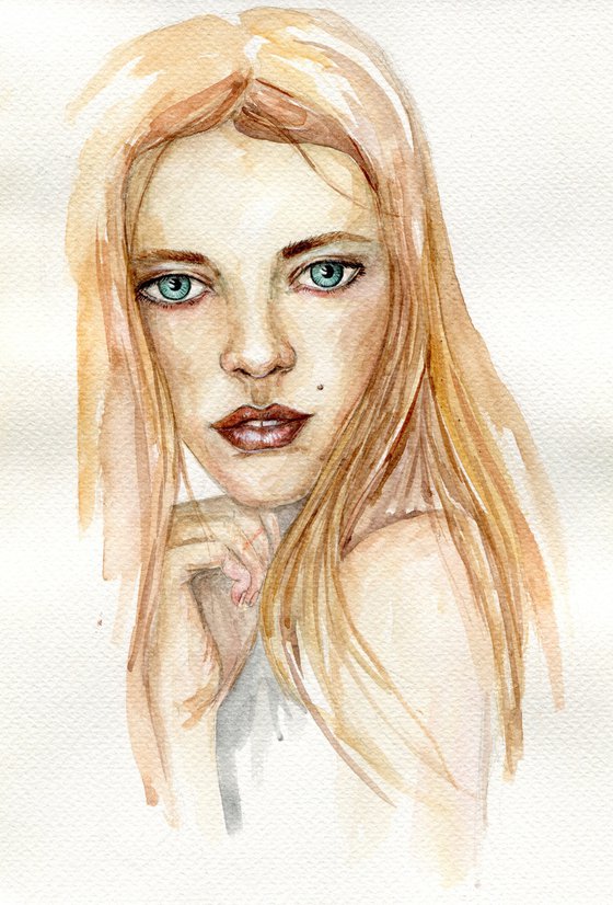 watercolor portrait of blond girl with blue eyes