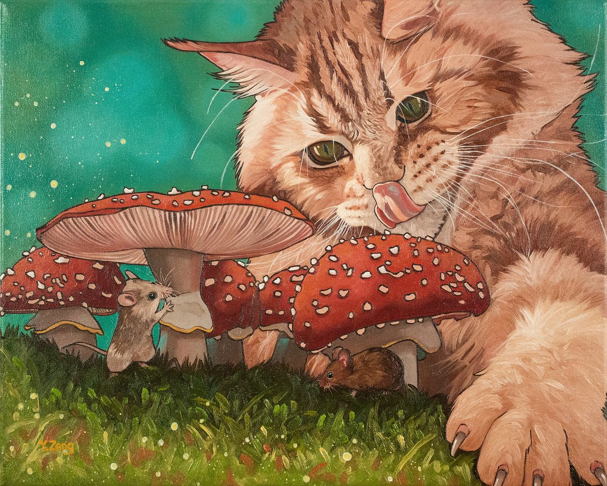 Surrealistic Animal Oil Painting By Yue Zeng, 20 X 16", Mushrooms Shelter, Original Artwork