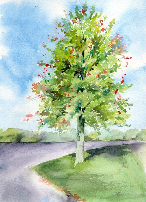 Holly tree, Original watercolour painting
