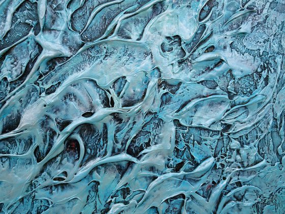 CORAL REEF. Large Abstract Blue Teal Silver Textured Painting 3D