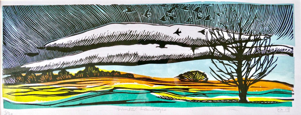 Illustrative Landscape Linocut By Keith Alexander, 17 X 6", Winter Landscape, Original Artwork