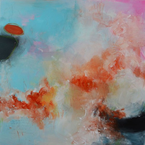 Floating Orange on Lollipop Sky - blue and pink square painting