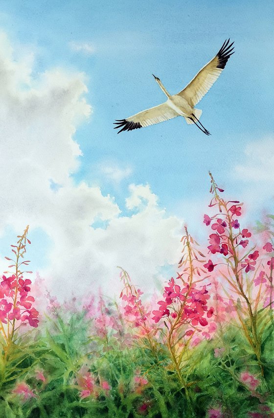 Flying Crane Bird -  watercolor landscape - Snow Crane -  whooping crane - fireweed blossoms