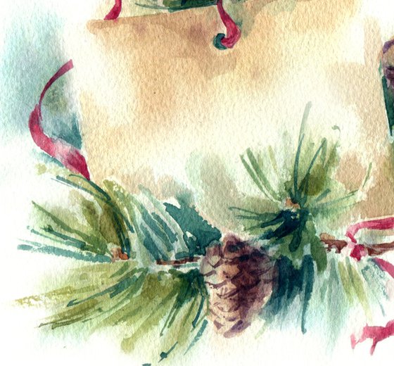 "New year card with sprigs of spruce" original watercolor artwork small format