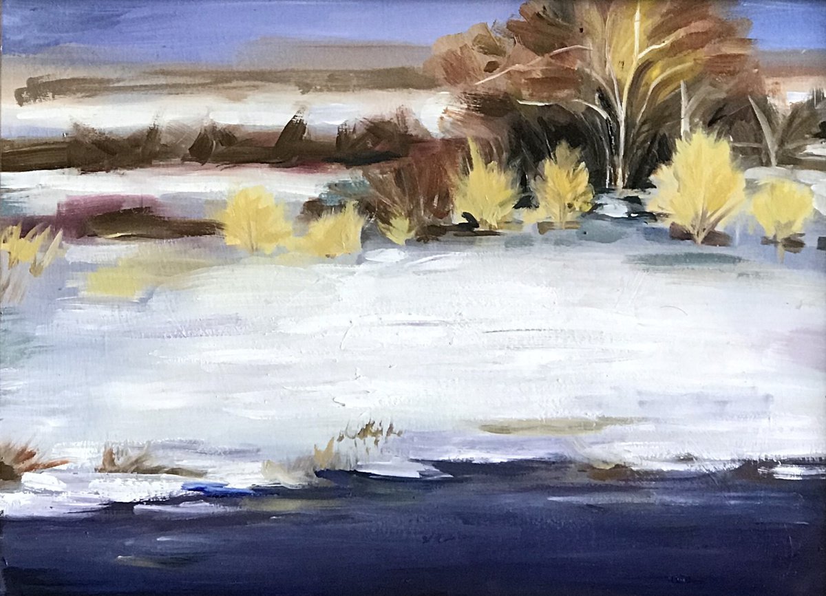 Winter lake Landscape original oil painting framed20x25cm by Leysan Khasanova
