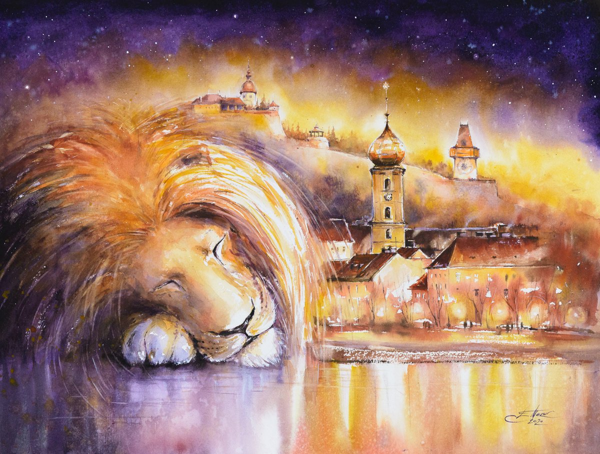 Impressionistic Cityscapes Watercolour By Eve Mazur, 24 X 18, Graz, Original Artwork