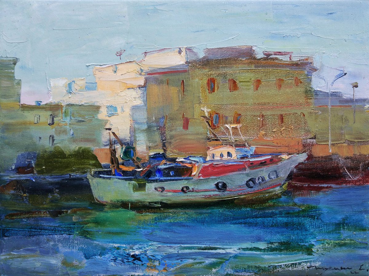 Impressionistic Landscape Oil Painting By Helen Shukina, 16 X 12, Port In Fiumicino. Italy, Original Artwork