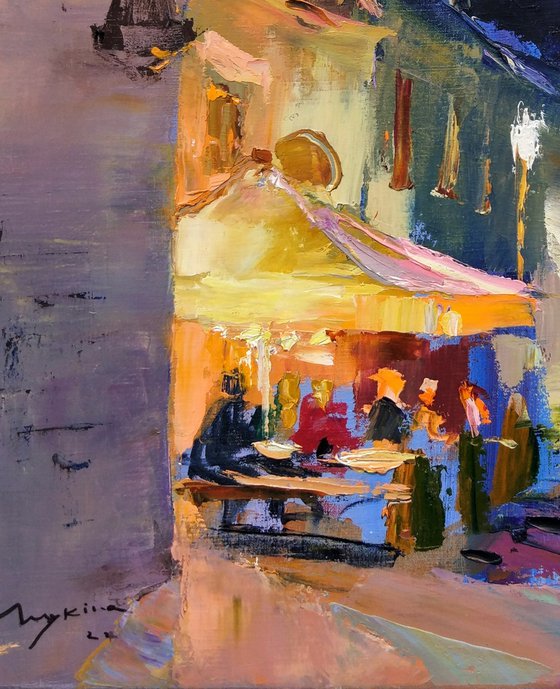 Cafe of the old city Bardejov . Slovakia . Original plain air oil painting