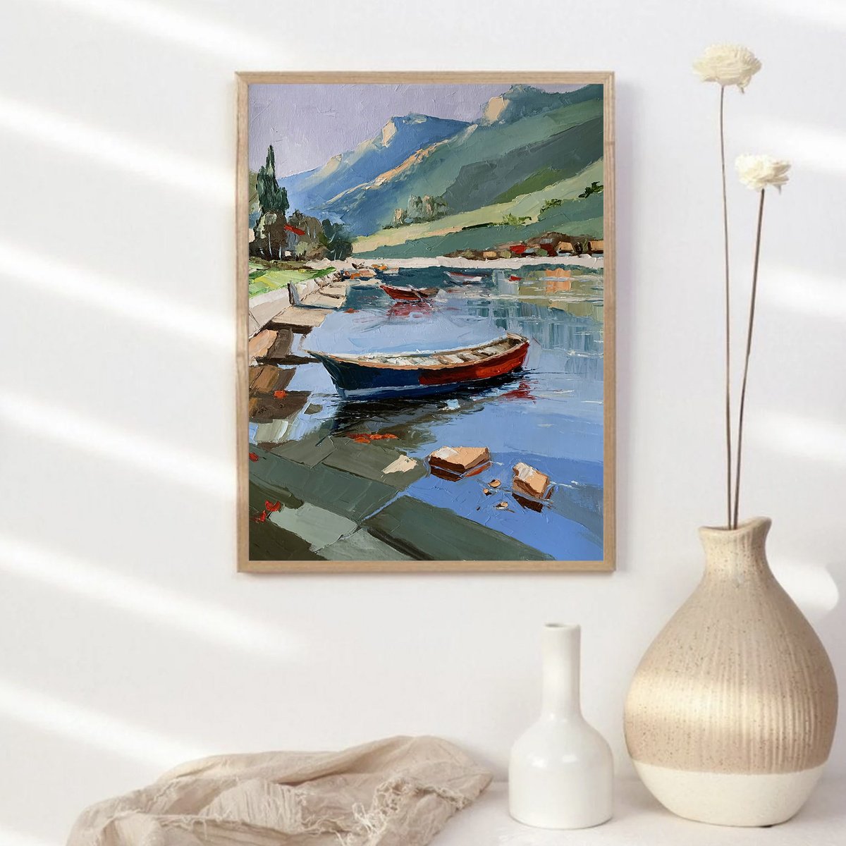 Expressive Landscape Oil Painting By Vita Schagen, 16 X 20", Sailboat On The Lake., Original Artwork