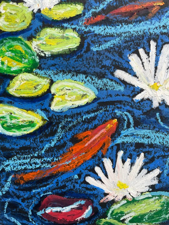 Koi Fish Painting, Original Oil Pastel Drawing, Feng Shui Art, Fish Artwork, Carp Wall Art