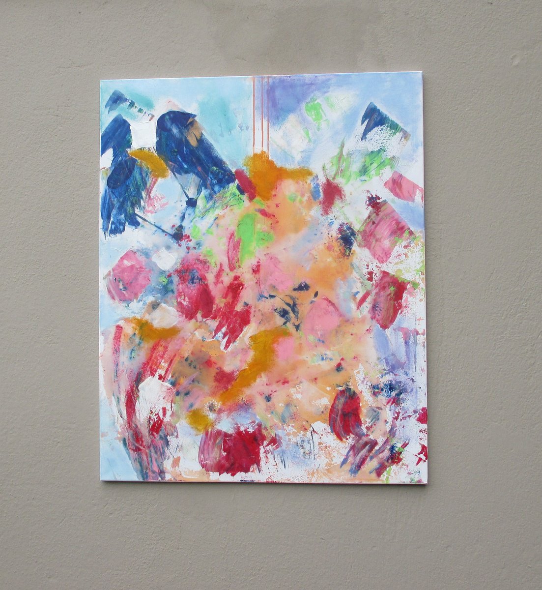 Abstract Oil Painting By Sonja Zeltner-Muller, 31 X 39", Orange And Blue Abstract Painting, Original Artwork