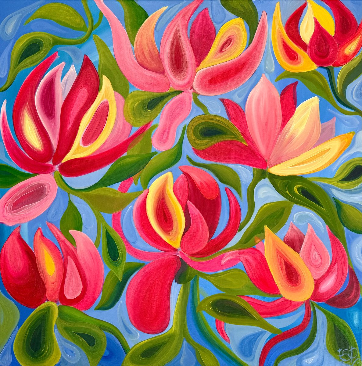 Expressive Botanical Acrylic Painting By Emma Sian Pritchard, 30 X 30, Blodeuwedd, Original Artwork