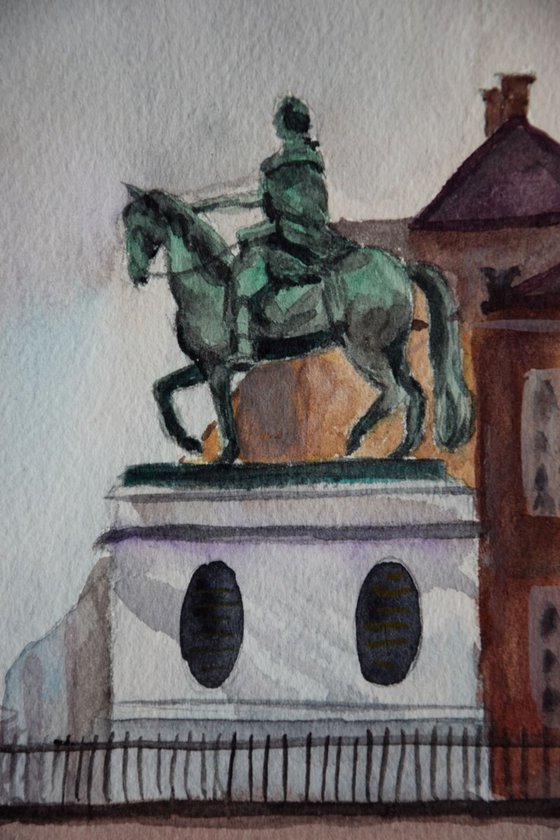 Denmark watercolor painting Royal Guard in rainy Copenhagen