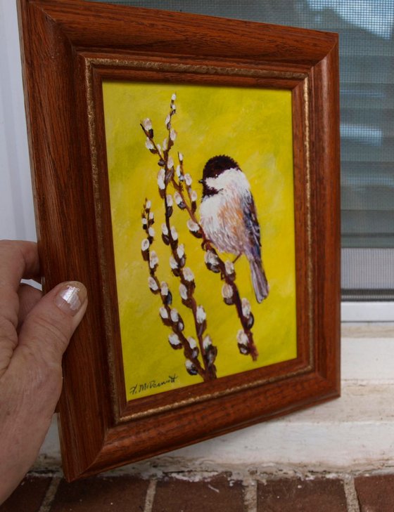 Yellow Chickadee - framed 7X5 inch original acrylic painting by K. McDermott (SOLD)