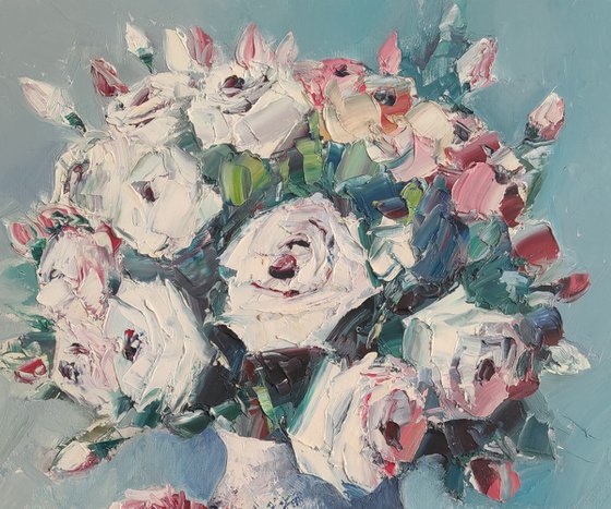 White roses (50x60cm, oil painting,  ready to hang)
