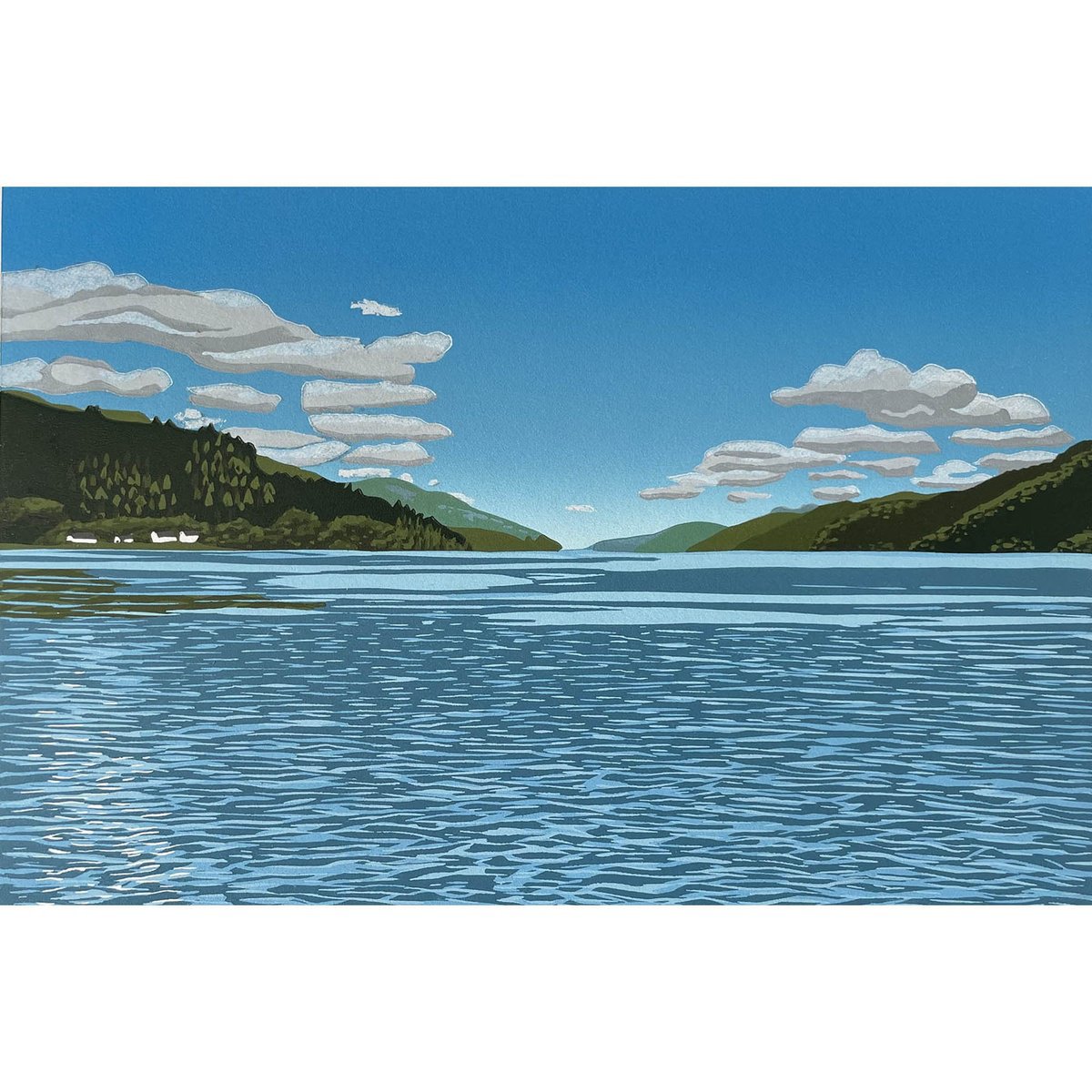 Illustrative Landscape Linocut By Kirstie Dedman, 14 X 10", Lochside, Original Artwork