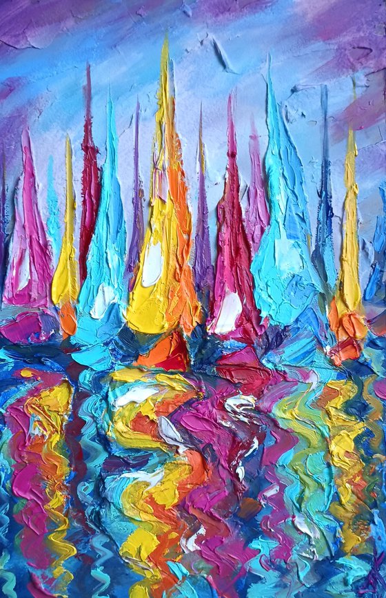 Yachts - yachts in the sea, oil painting, yacht club, seascape, sea with yachts, yacht original painting, gift,