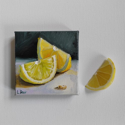 Lemon slices mini oil painting by Leyla Demir