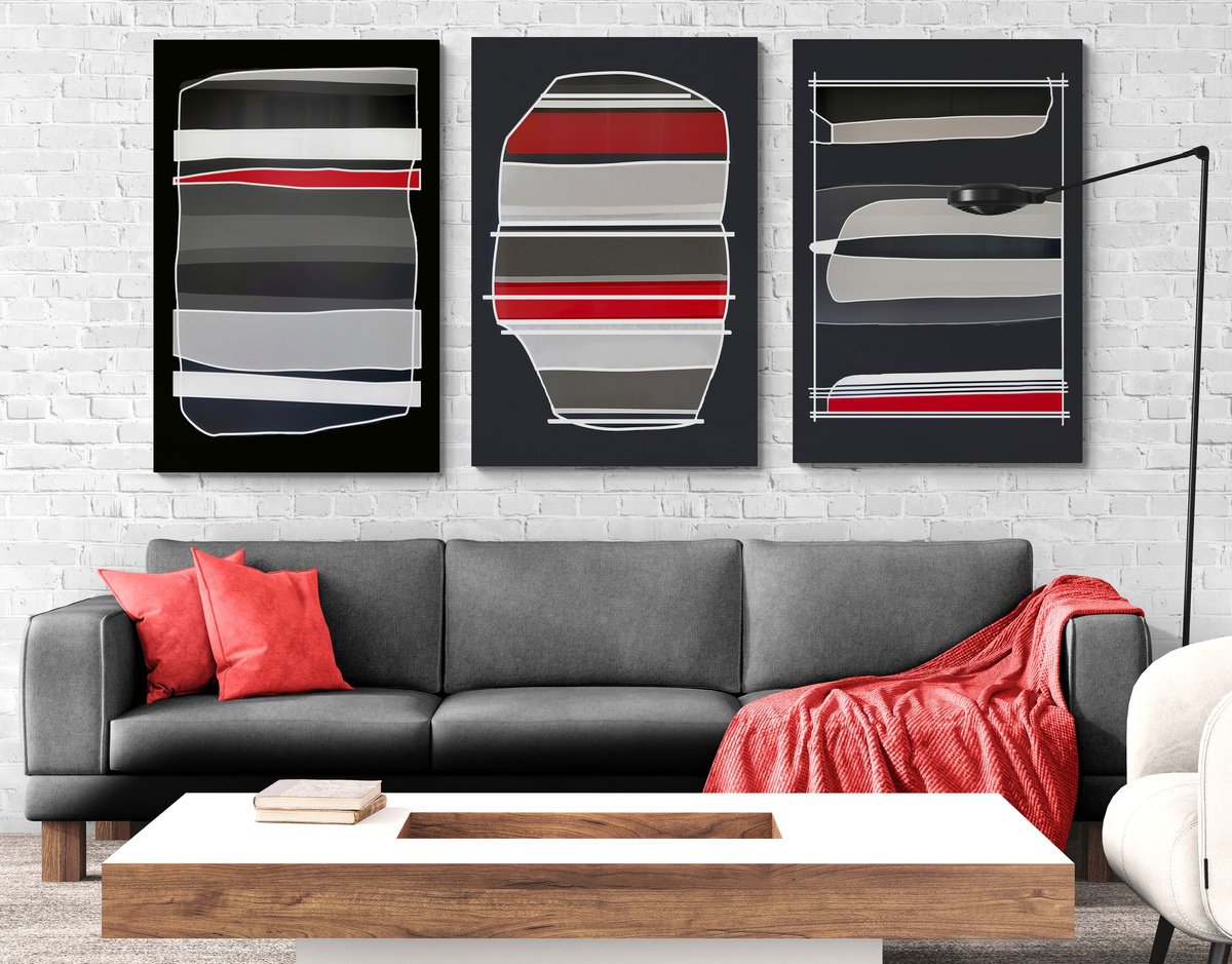 Abstract Acrylic Painting By V+V Kniazievi, 94 X 47", Triptych Rhythm Of Life, Original Artwork