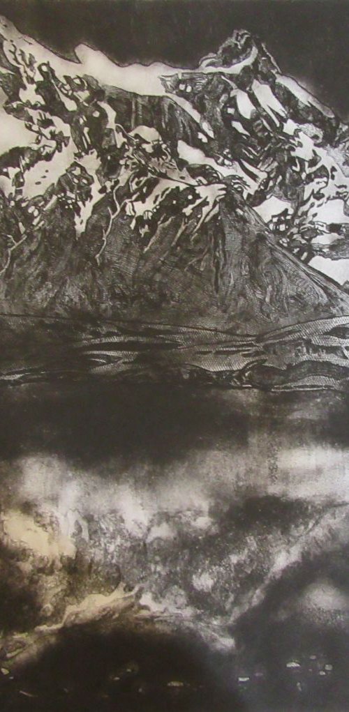 View of Cerro Paine Grande Across The Lake (Monochrome) by Francesca Learmount at Cicca-Art