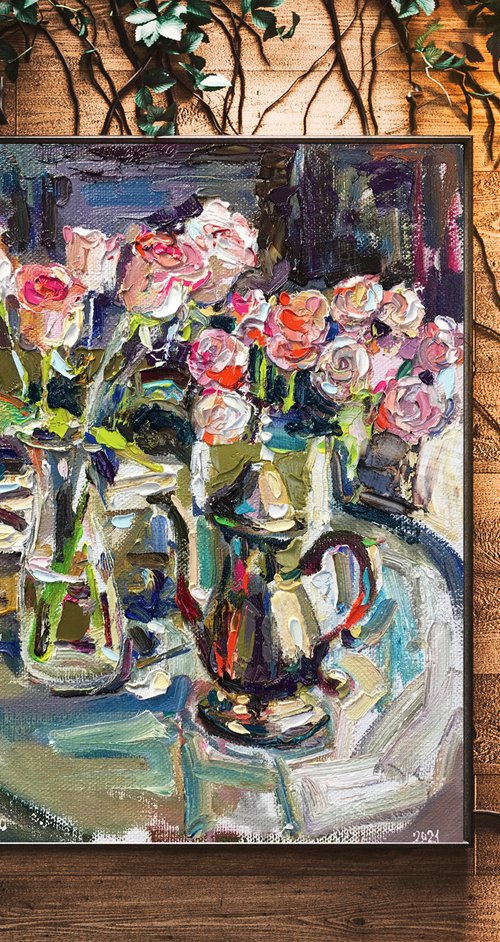 Roses and Bronze Teapot by Ole Karako