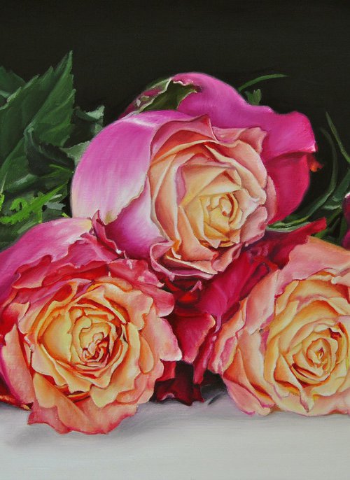 Roses Painting, Still life with Flowers, Pink Rose, Creamy Garden Rose by Simona Tsvetkova