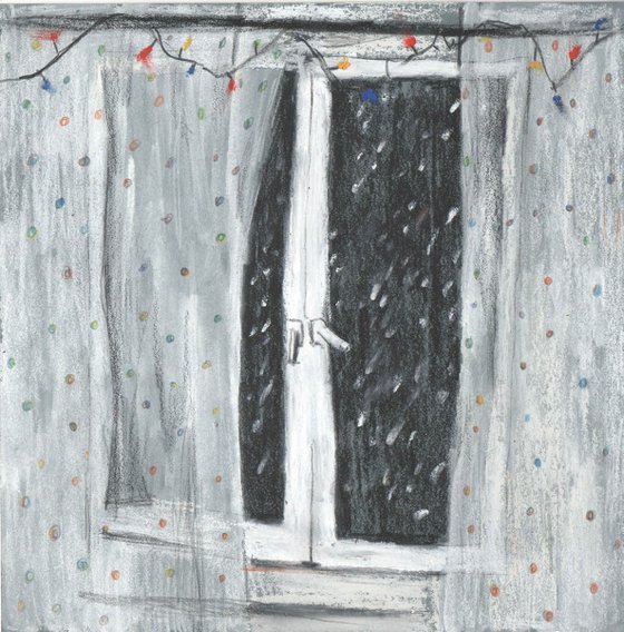 It's snowing outside the window. Snow day. Snow landscape