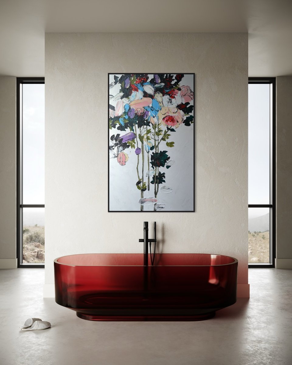 Impressionistic Botanical Acrylic Painting By Tetiana Hutsul, 37 X 61", Botanic Blaze Up, Original Artwork