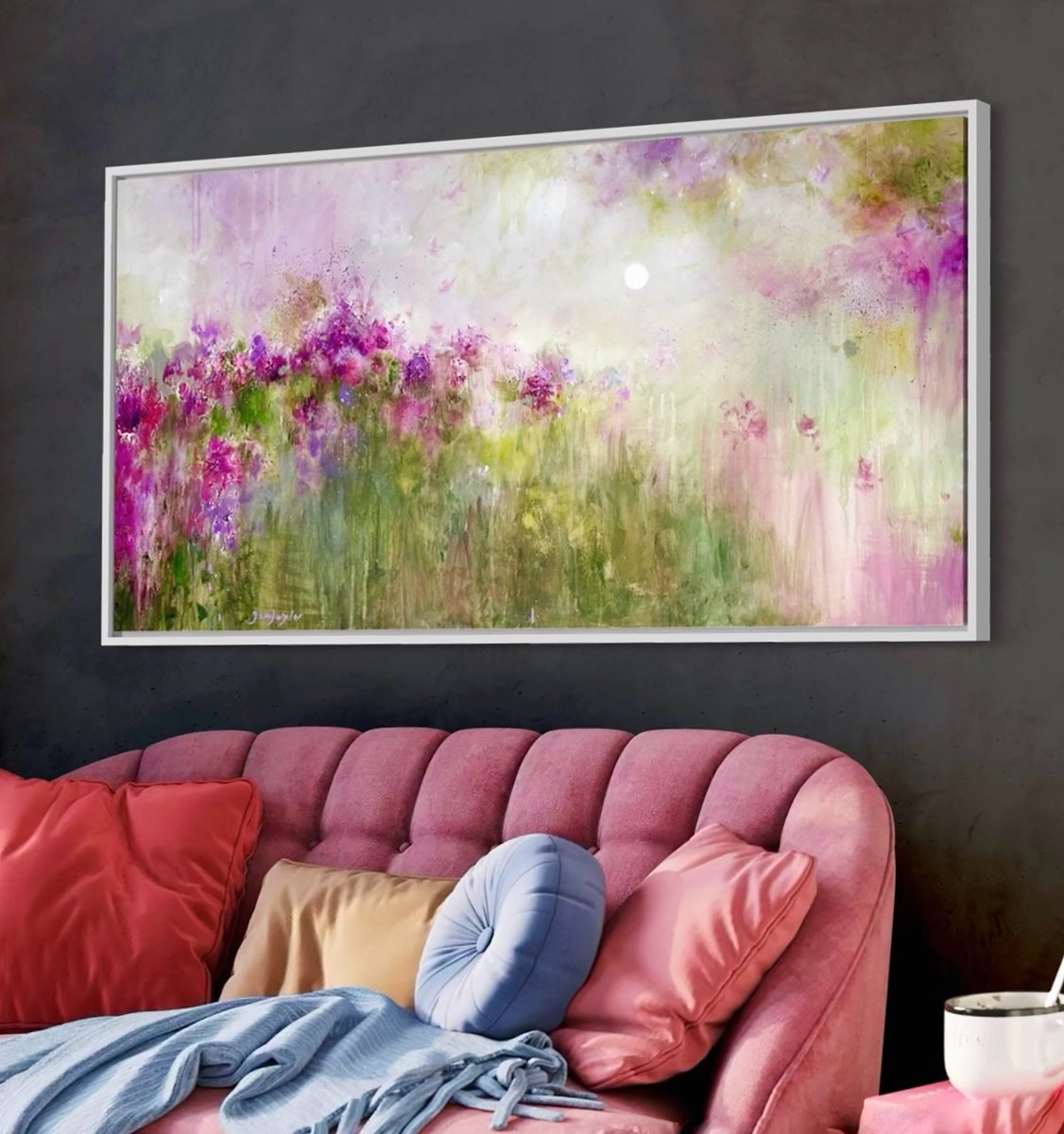 Impressionistic Landscape Painting By Jennifer Taylor, 39 X 20, Blossoms On The Hill, Original Artwork