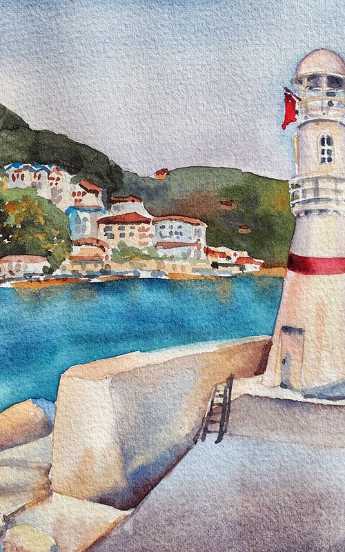 Lighthouse in Kas, Turkey - original watercolor seascape sunset cityview by Delnara El