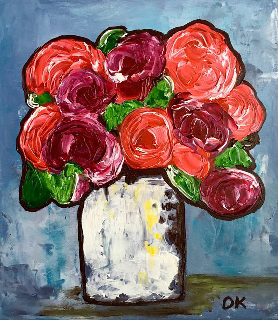 BOUQUET OF Red Bordo  Roses  #11 palette  knife Original Acrylic painting office home decor gift