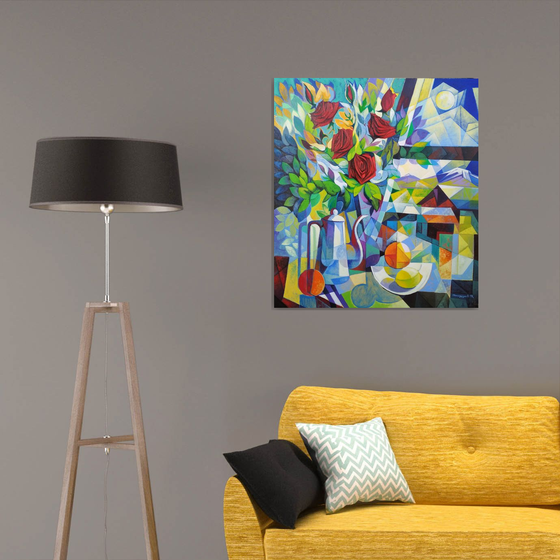Still life with roses (80x90cm, cubism, oil painting, ready to hang)
