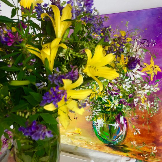 SUMMER FIREWORKS - Amazing bouquet. Bright flowers. wild lilies. Summer bouquet. Floral still life. Yellow. Vase.