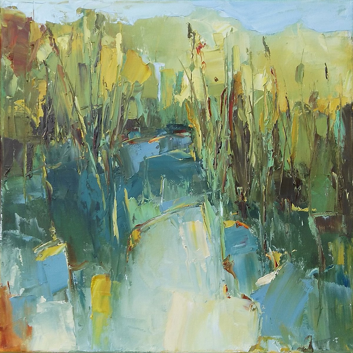 SIMPLE CHARMS, 40x40cm, spring water reflections landscape by Emilia Milcheva